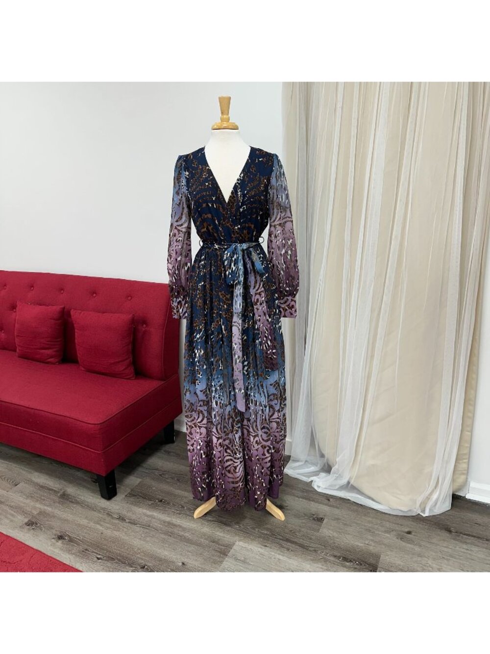 Medium Blue Chiffon Summer Long Sleeve Sundress Beach Cover Up